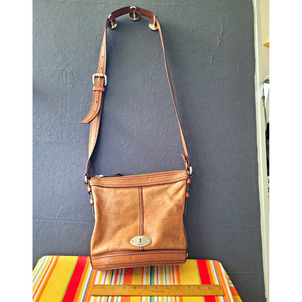 Fossil Brown Pebbled Shoulder Bag, Zip Closure, Adjustable Strap, Silver HW